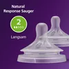Two Philips Avent baby bottle nipples are shown against a purple background. Text and graphics indicate product features. Produktbild-Vorschau