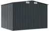 A dark gray metal shed with a silver trim and roof, shown from a slightly angled front view. Produktbild-Vorschau