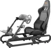 A racing simulator cockpit with a seat, steering wheel stand, and pedals, shown against a white background. Produktbild-Vorschau