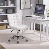 A white office chair is placed in front of a white desk in a room with a bookshelf. Produktbild-Vorschau