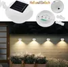 Collage showing solar powered lights, their internal components, and how they look when installed on a wooden fence at night. Produktbild-Vorschau