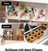A split image showing a messy kitchen drawer before and organized spice jars after, with a caption at the bottom. Anteprima dell’immagine prodotto