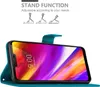 A teal phone case is shown open, displaying a smartphone with a colorful wallpaper. Above the case, there are illustrations of different stand positions for the case. Náhled obrázku produktu