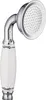 A close-up studio shot of a retro-style shower head with a white ceramic handle decorated with black scrollwork. Podgląd zdjęcia produktu