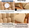 A collage of four images showing details of a cushion, including its filling, strap design, sewing, and workmanship. Produktbild-Vorschau