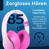 A close-up marketing image of pink and white headphones with text overlays highlighting features. Produktbild-Vorschau