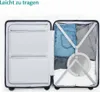 An open suitcase packed with clothes and a round object, with text above. Produktbild-Vorschau