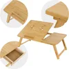 A collage of images showing a bamboo laptop table from different angles, including a close-up of its legs, a detail of its adjustable top, and a view of its drawer. Náhľad obrázku produktu