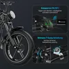 Close-up of an electric bicycle's front wheel and handlebars, with inset images highlighting features like NFC unlocking and Shimano gear shifting. Voir les images du produit