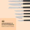 A collection of kitchen knives arranged vertically on a light peach and white background, with text and an icon in the lower left corner. Produktbild-Vorschau
