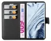 A black leather wallet-style phone case is shown open, displaying credit cards and a banknote, with a smartphone inside. Anteprima dell’immagine prodotto