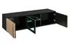 A black media console with wooden slatted doors and a glass door with green LED lighting. Náhľad obrázku produktu