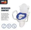 A toilet riser with armrests and a blue padded seat is shown on a white background, with marketing text and icons. Anteprima dell’immagine prodotto