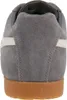 The back view of a grey Gola Harrier shoe with a white stripe and a brown sole. Produktbild-Vorschau