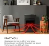 A gas heater is shown in a living room setting next to a chair, with red lines indicating heat emission. Produktbild-Vorschau