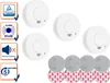 A set of four smoke detectors with magnetic mounting accessories, presented with informational graphics on the left side. Produktbild-Vorschau
