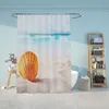 A bathroom scene with a shower curtain featuring a seashell on a sandy beach. Produktbild-Vorschau
