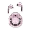 A pair of pink transparent wireless earbuds and their charging case are displayed against a white background. Voir les images du produit