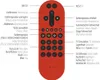 A diagram of a red remote control with labels in German and English explaining the function of each button. Produktbild-Vorschau