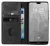 A black leather flip case for a Huawei P20 Lite phone, shown open with cards and a banknote inside, and the phone screen displaying the time and date. Produktbild-Vorschau