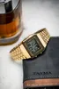 A gold Casio watch is placed on a wallet next to a glass of whiskey. Produktbild-Vorschau