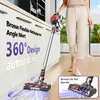 A person is demonstrating a cordless vacuum cleaner next to kitchen cabinets. An inset shows a close-up of the vacuum head. Voir les images du produit