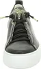 A close-up, front-facing view of a black leather sneaker with a white sole and gold accents. Voir les images du produit