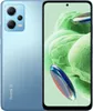 A light blue Xiaomi Redmi Note 12 smartphone is shown from the back and front, with a light green background and abstract green shapes. Produktbild-Vorschau