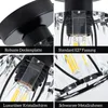 A collage of four close-up images highlighting different features of a black and crystal ceiling lamp. Voir les images du produit