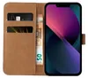 A brown flip-style phone case with slots for cards and cash, open to reveal an iPhone with a colorful screen. Produktbild-Vorschau