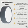 A round, gray lamp is shown next to a list of its features, presented with star icons. Produktbild-Vorschau
