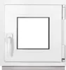 A white window frame with a clear glass pane, a handle on the left, and hinges on the right. Podgląd zdjęcia produktu