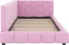 A pink upholstered bed frame with a slatted mattress support. Produktbild-Vorschau