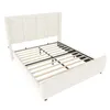A beige upholstered bed frame with a slatted mattress support system, shown from a high angle. Náhled obrázku produktu