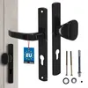 A set of black door handles and related hardware, including screws and washers, is displayed against a light gray and white background. A small blue tag with stars and text is attached to one of the handles. Anteprima dell’immagine prodotto