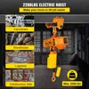 An electric hoist is shown hanging from a beam, with four inset images illustrating its use in different industries. Produktbild-Vorschau