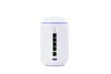 A white cylindrical router with a blue trim on top, showing a vertical row of Ethernet ports on the back. Náhled obrázku produktu