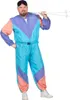 A man wearing a colorful 80s-style ski suit and holding ski poles. Produktbild-Vorschau