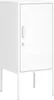 A white metal cabinet with a single door and a silver handle, standing on four white legs. Voir les images du produit