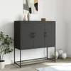 A dark gray highboard with three doors stands on a black metal frame in a room with a plant and vases. Produktbild-Vorschau