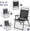 Collage showing a folding garden chair in different stages of setup and use. Produktbild-Vorschau