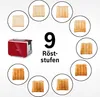 A red toaster is shown with multiple images of toast at different browning levels arranged in a circle around it, along with the number 9 and the text 'Röststufen'. Produktbild-Vorschau