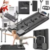 A collage of images showcasing a Pilates multifunctional exercise board set, including a person using it, its components, and packaging. Produktbild-Vorschau