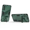 Two green phone cases with black accents are displayed against a white background. One case is shown from the side with its kickstand deployed, and the other is shown from the back with its camera array visible. Produktbild-Vorschau