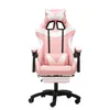 A pink and white gaming chair with a footrest and head pillow. Produktbild-Vorschau