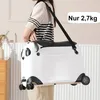 A person is carrying a panda-shaped suitcase with a strap over their shoulder. Produktbild-Vorschau