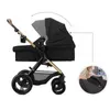 A black and gold Kinderkraft MOOV 2 XL 3in1 Kombikinderwagen is shown from the side against a white background. An inset image shows a close-up of the stroller's canopy being adjusted. Náhled obrázku produktu