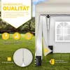 A marketing image for a beige pop-up gazebo, showcasing its features and materials. Voir les images du produit