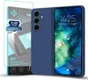 A blue phone case and screen protector are displayed next to a smartphone. Produktbild-Vorschau