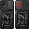 Two views of a black phone case with a sliding camera cover and a ring stand. Produktbild-Vorschau